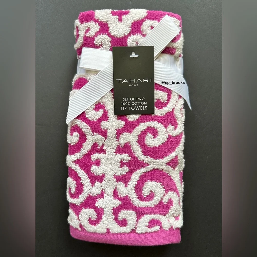 🎁6PC Tahari Bath Towel Set -Fuchsia Scrolls Decorative Towels- Reginazt - Cotton